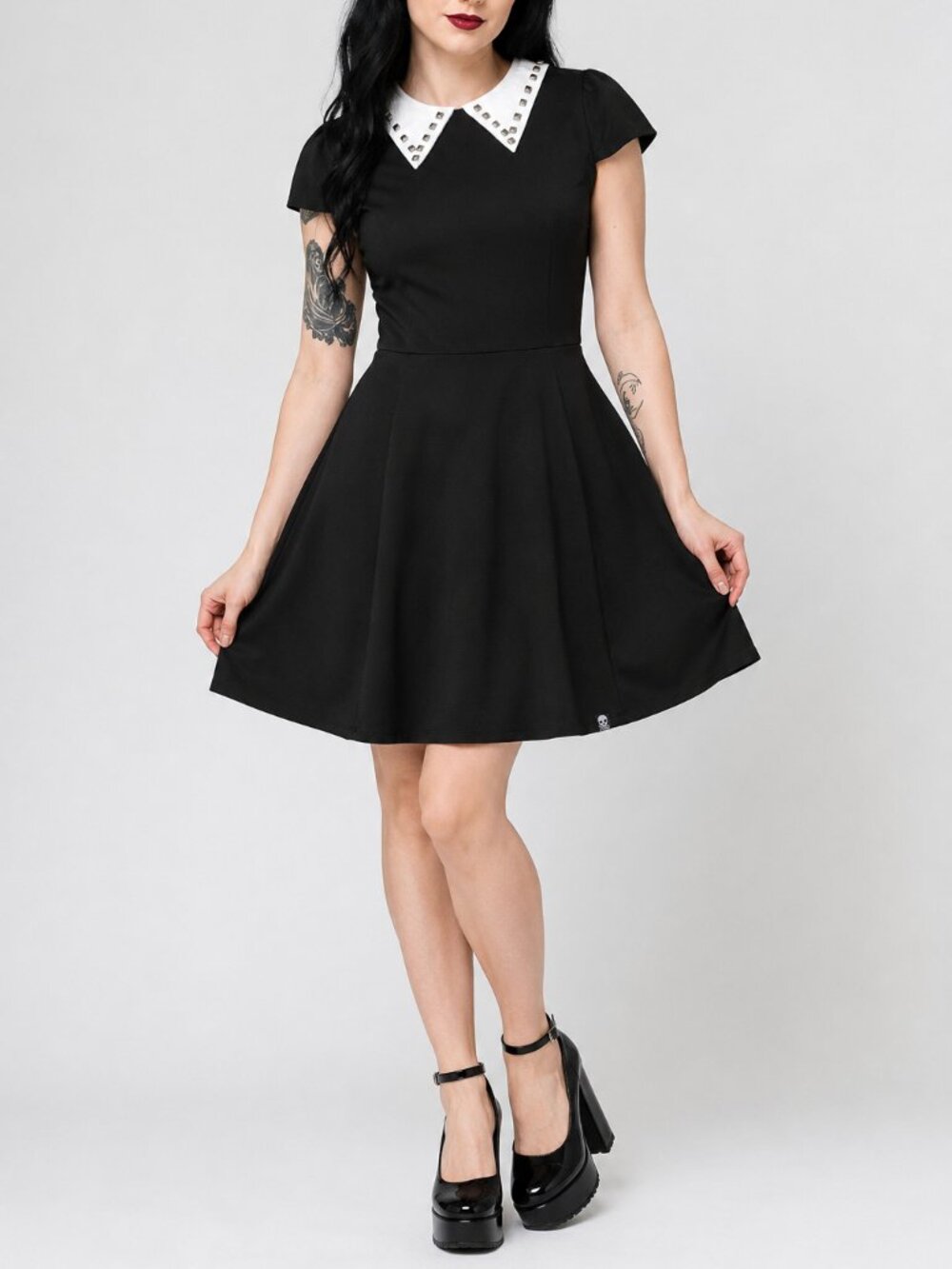 Sourpuss Black Studded Collar Fit & Flare Gothic Skater Dress L